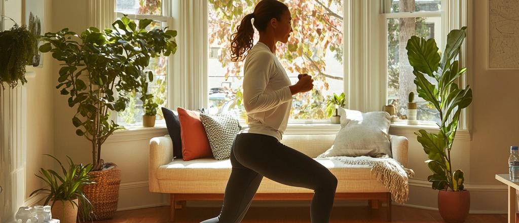 A woman in workout clothes performs a lunge in a sunlit living room.