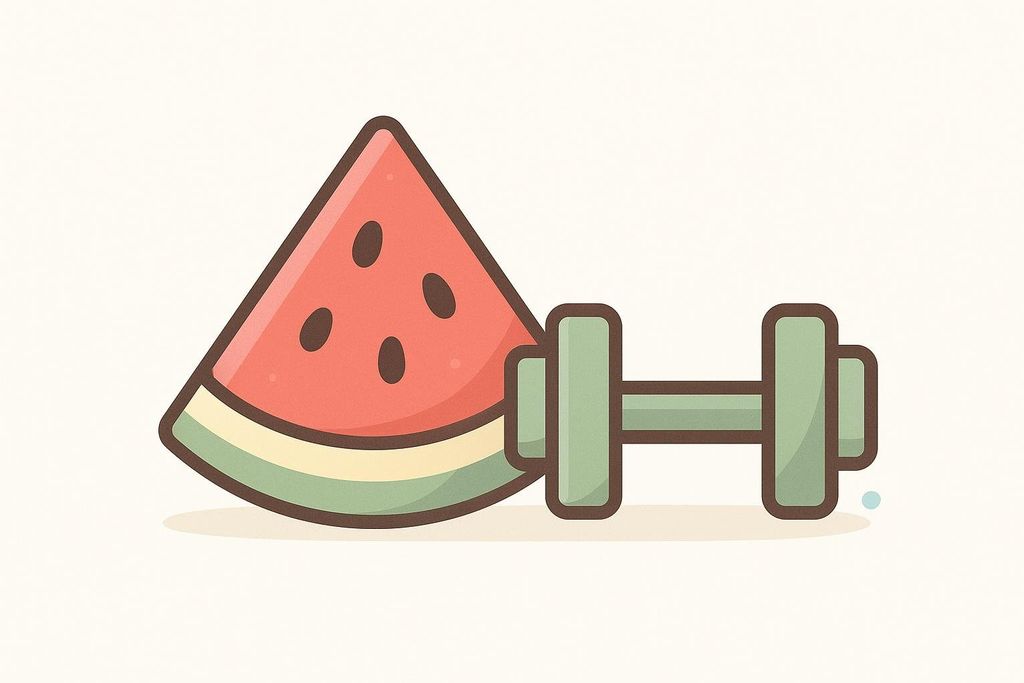 An illustration featuring a triangular slice of watermelon with seeds and a green dumbbell, symbolizing healthy eating and exercise.