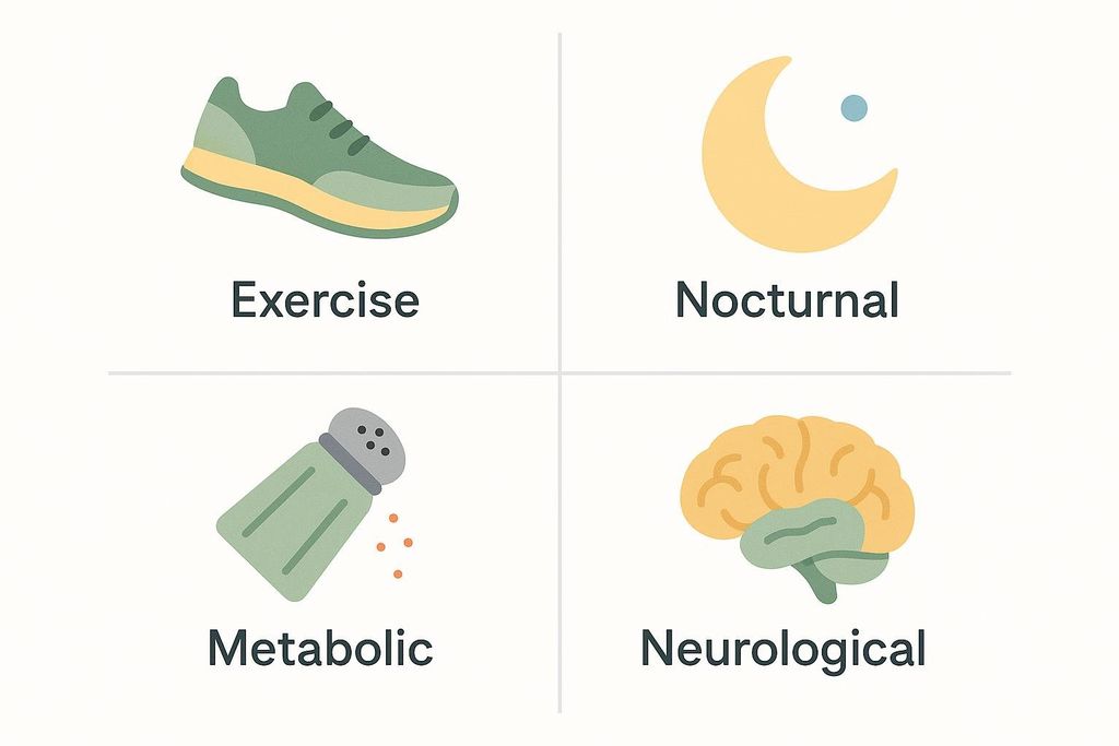 A grid infographic illustrating four main triggers of muscle spasms. The top left square shows a green running shoe with the text 'Exercise'. The top right square shows a yellow crescent moon and a blue dot with the text 'Nocturnal'. The bottom left square shows a green salt shaker with orange specks of salt, labeled 'Metabolic'. The bottom right square shows an orange and green brain with the text 'Neurological'.