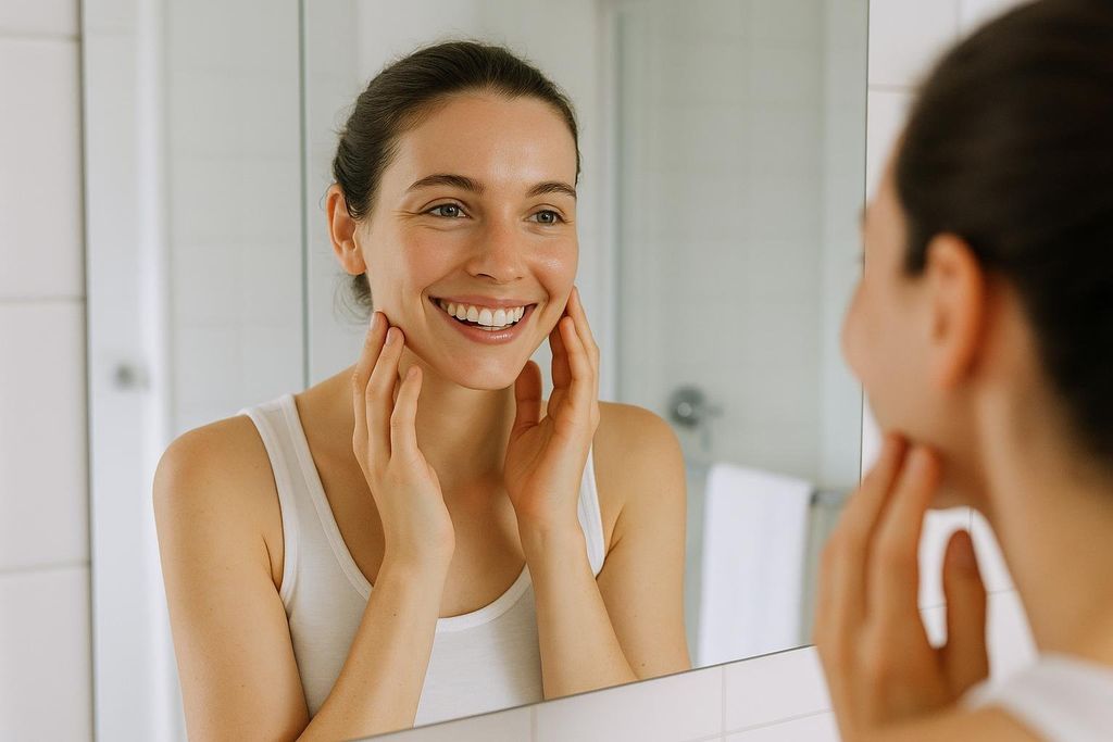 A smiling woman with clear skin, wearing a white tank top, gently touches her cheeks while looking at her reflection in a bathroom mirror.