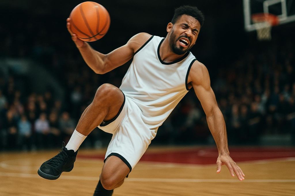 A male basketball player in a white uniform grimaces in pain or discomfort while landing awkwardly on a basketball court, with a basketball in his left hand.