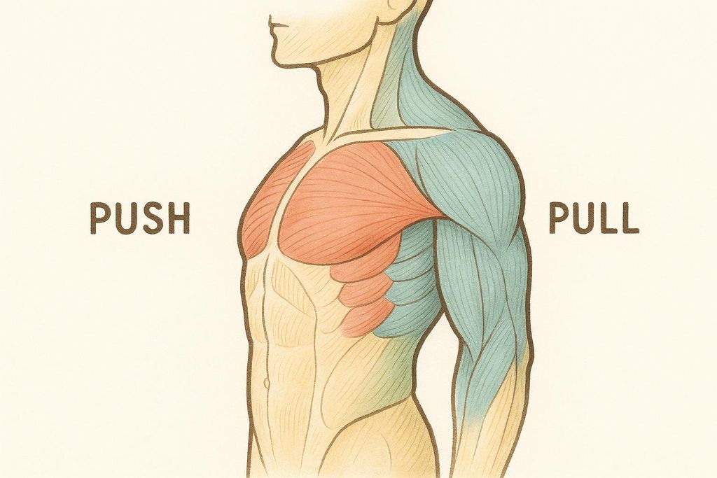 An anatomical illustration showing the 'push' muscles of the chest (red) and 'pull' muscles of the back and biceps (blue) to emphasize muscle balance in a human torso viewed from the side.
