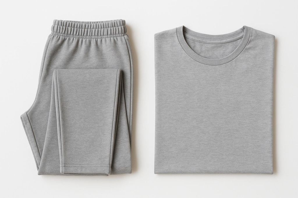 A flat lay of comfortable, metal-free clothing in light grey, consisting of folded sweatpants and a folded t-shirt, suitable for preparing for a DEXA scan.