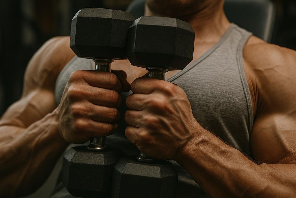 Close-up of a man's hands gripping two dumbbells during an incline squeeze press for the upper chest. His muscular arms and shoulders are visible, showing defined veins.