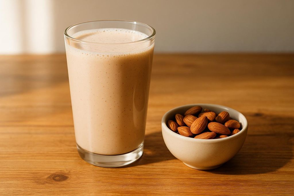 A frothy protein shake in a clear glass next to a small bowl of whole almonds, resting on a wooden table, suggesting a healthy snack.
