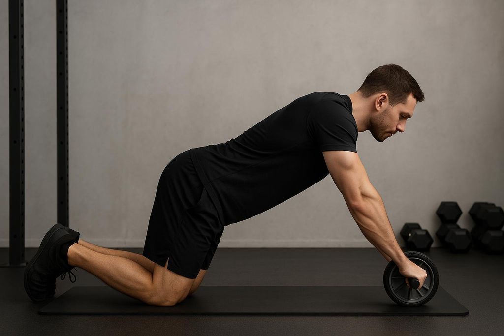 A man in black athletic wear on a black mat, demonstrating perfect form for an ab-wheel rollout from a kneeling position, arms fully extended forward, holding an ab wheel.