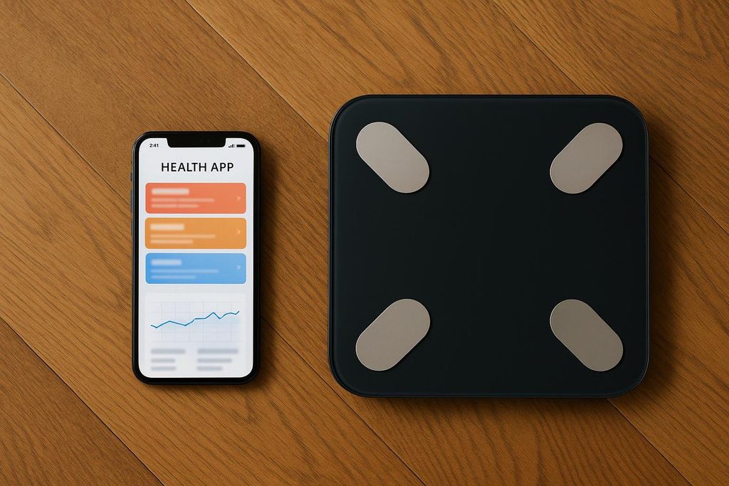 A top-down view of a smartphone displaying a health app interface next to a black smart scale, both sitting on a wood floor.