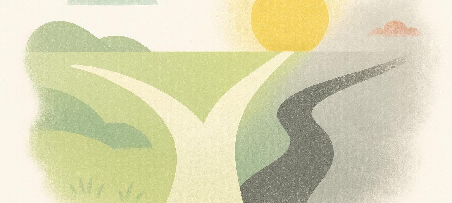 Abstract illustration of a split pathway showing a bright, vibrant path on the left, representing healthspan, and a dark, winding path on the right, representing lifespan.