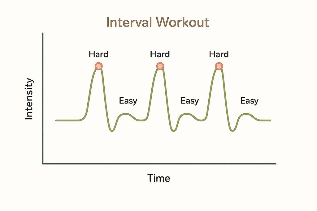 A line graph titled 'Interval Workout' showing intensity over time. The graph displays a repeating pattern of high intensity 'Hard' peaks followed by low intensity 'Easy' valleys, illustrating the structure of an interval workout session.
