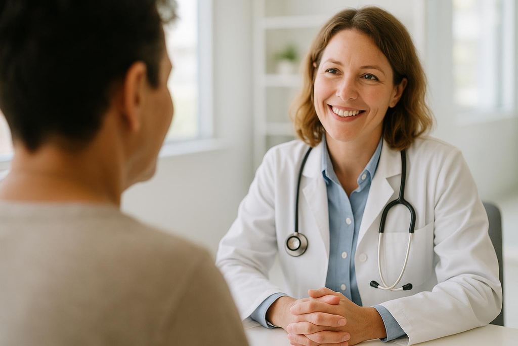 A friendly female doctor in a white lab coat smiles at a patient whose back is partially visible. She has a stethoscope around her neck and her hands clasped on the table. The office is brightly lit.