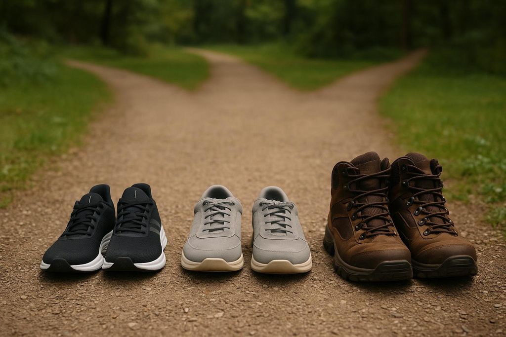 Three pairs of walking shoes on a dirt path that splits into two, symbolizing choices in walking activities and fitness goals.
