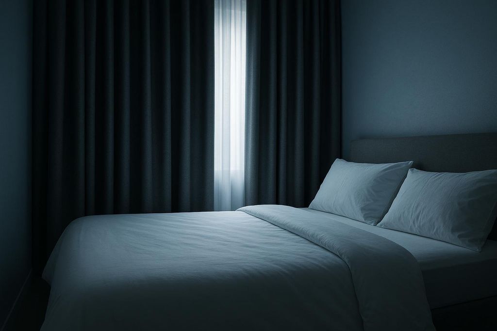 A dimly lit bedroom with light pouring in through a gap in the dark curtains. A bed with white bedding and two pillows is visible on the right side of the frame, suggesting a cool and calming sleep environment.