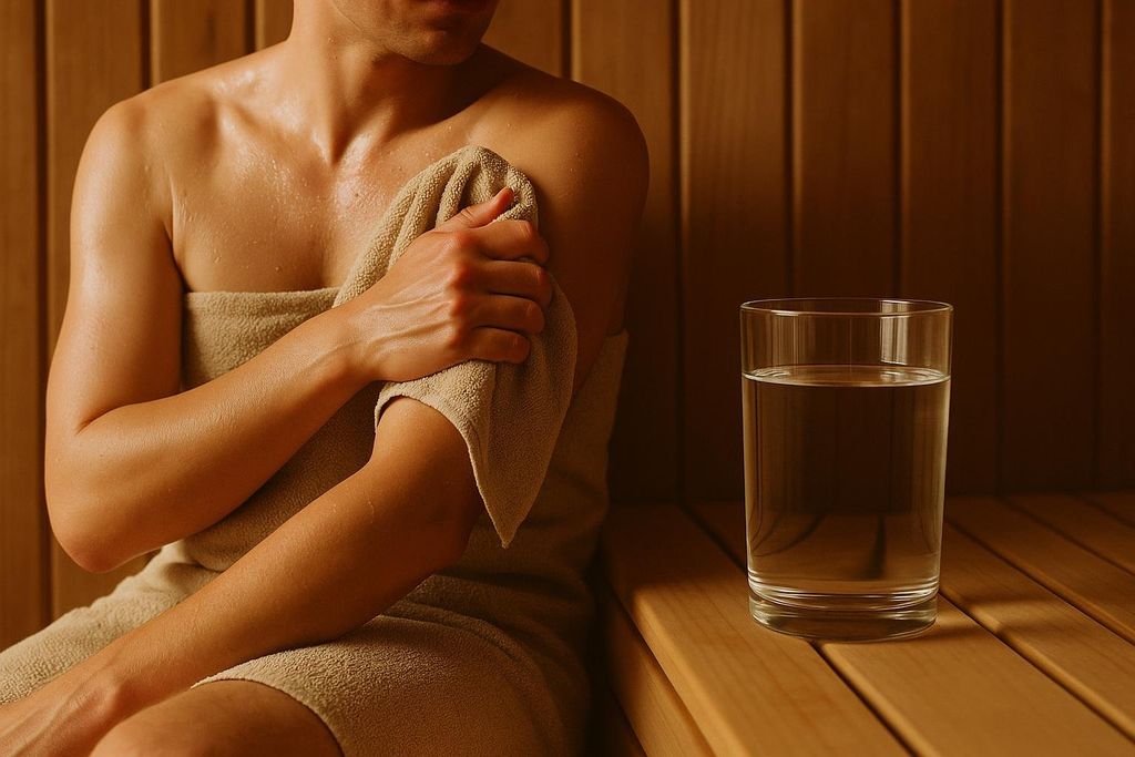 Person toweling off post-sauna next to a glass of water, highlighting hydration after sweat loss.