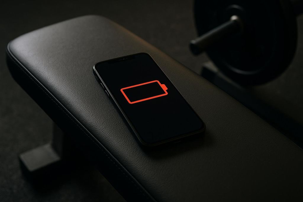 A close-up of a black smartphone lying on a dark gym bench, displaying a red low battery icon on its screen. A blurry weight plate is visible in the background.