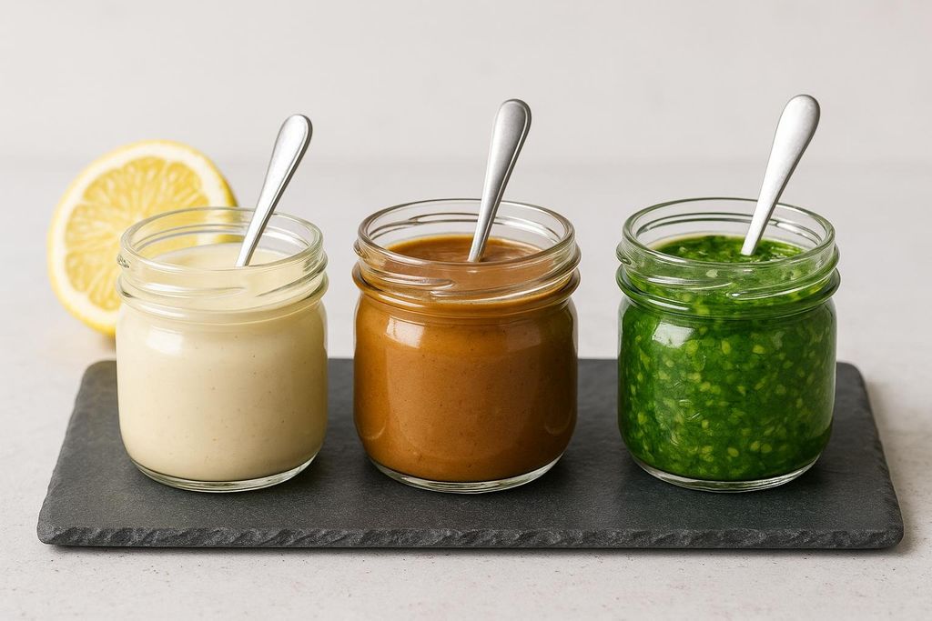 Three jars of homemade vegan sauces: lemon-tahini, peanut-ginger, and chimichurri, with spoons in each, set on a slate board. A lemon slice is visible behind the tahini jar.