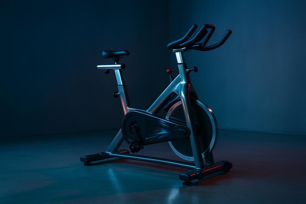 A sleek indoor cycling bike, also known as a spin bike, is presented in a minimalist studio setting with dramatic lighting highlighting its metallic frame and black components against a dark, featureless background.