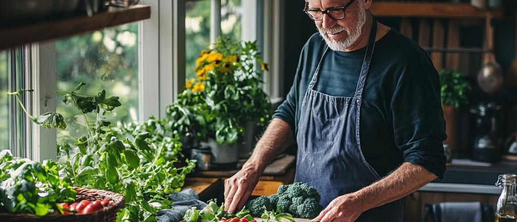 A man wearing glasses and an apron smiles while preparing fresh vegetables on a counter in his kitchen.