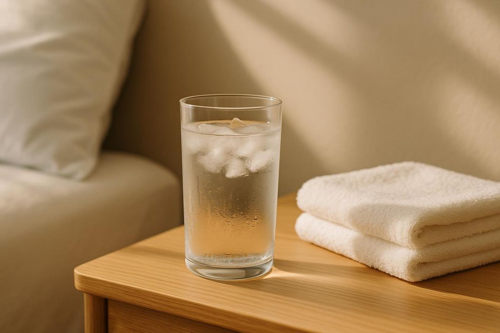 Glass of water on an elegant bedside table.