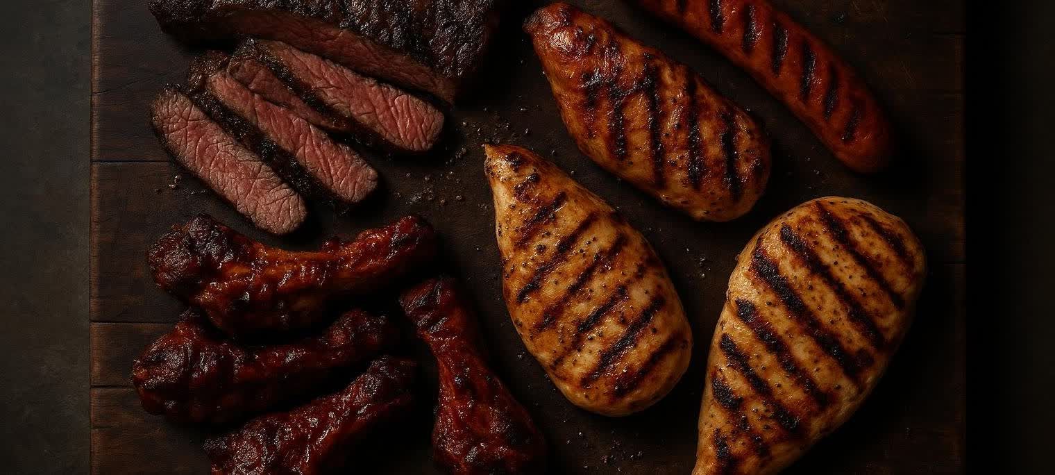 An overhead shot of a dark wooden board displaying various grilled meats. On the left are slices of medium-rare steak and several barbecue chicken drumsticks. The right side features grilled chicken breasts with prominent char marks, and a single grilled sausage in the top right corner.