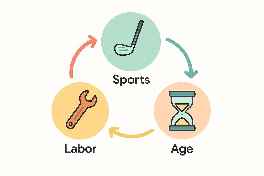 A circular diagram illustrating Golfer's Elbow risk factors. Three interconnected circles represent 'Sports' (with a golf club icon), 'Age' (with an hourglass icon), and 'Labor' (with a wrench icon), showing how these factors are related.