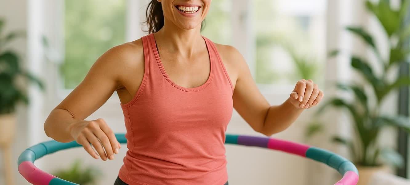 A smiling woman in a pink tank top uses a weighted hula hoop in a bright living room.