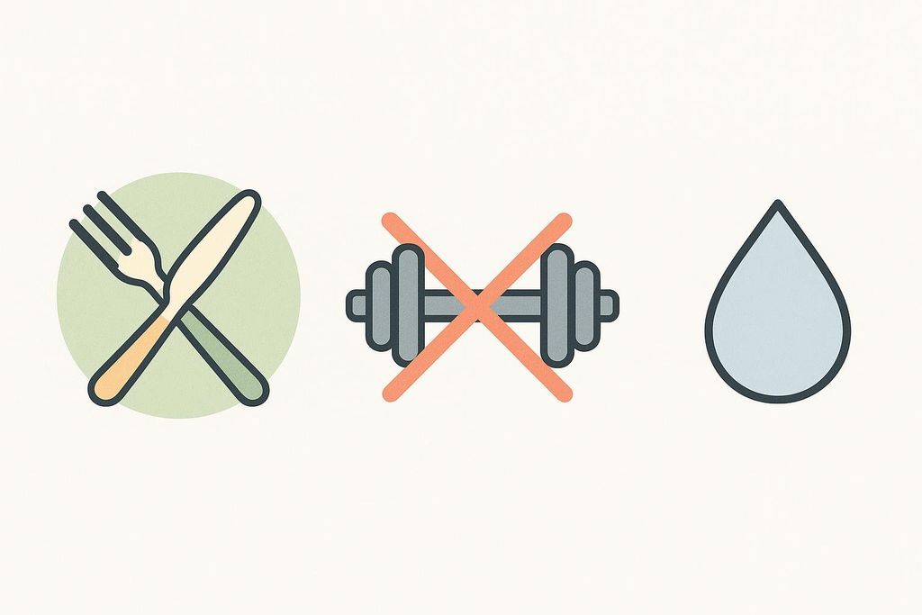 Icons for key DEXA scan preparation: crossed fork and knife for no food, crossed dumbbell for no heavy exercise, and a water drop for staying normally hydrated.