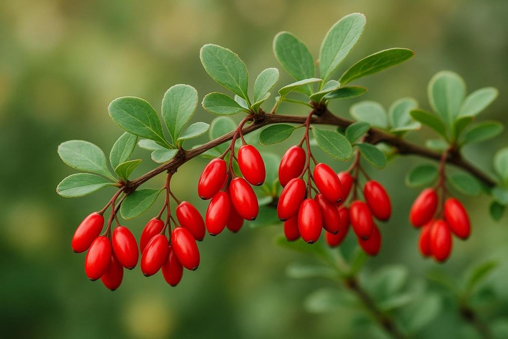 Close-up of vibrant red barberry berries hanging in clusters from a green-leaved branch against a soft, blurred green background.