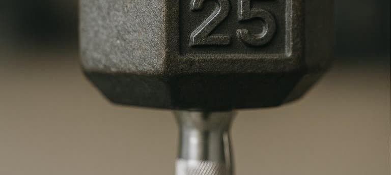 A close-up shot of the head of a dark grey dumbbell, with the number '25' clearly visible on its side. The textured handle is partially visible below the head.