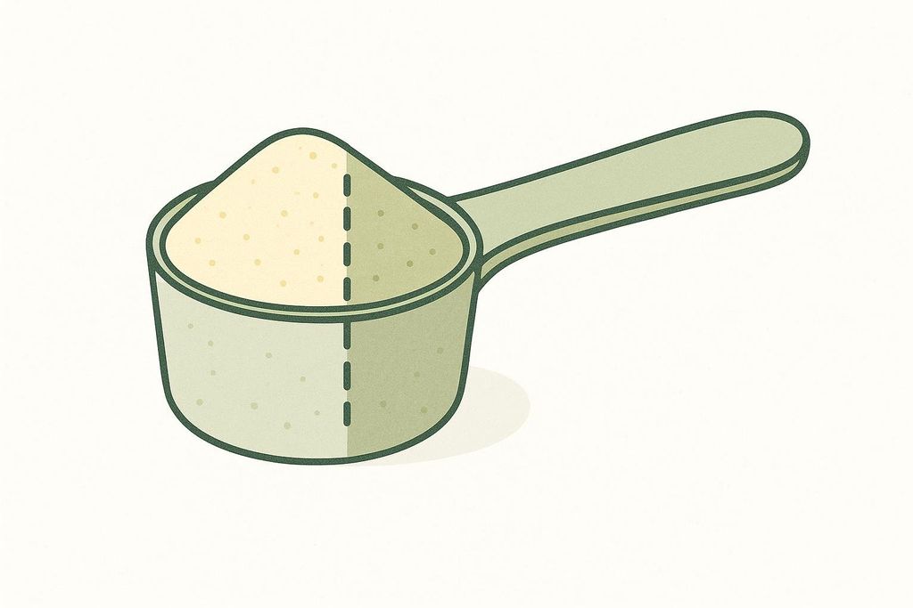 An illustration of a light green scoop filled with yellowish powder, divided vertically by a dashed line, symbolizing a half-dose of pre-workout powder.