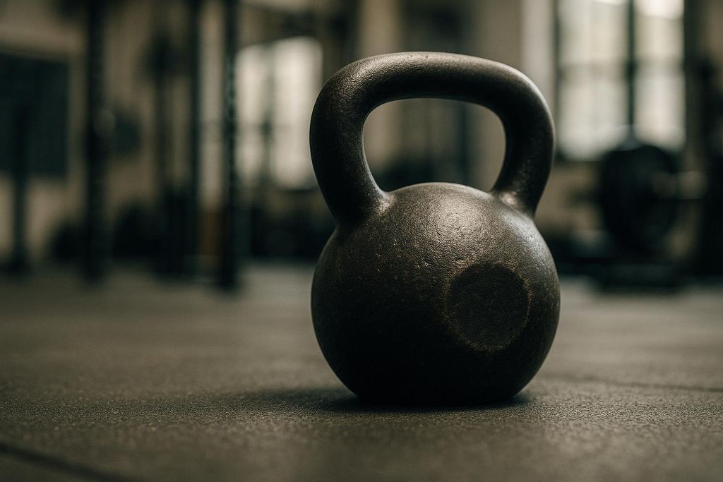 A close-up shot of a dark, heavy kettlebell sitting on a textured gym floor, with blurred gym equipment in the background.
