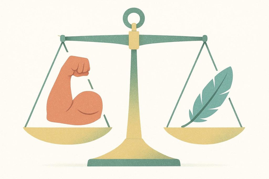 An illustration of a balance scale with a flexing bicep on the left pan and a teal feather on the right pan, representing a power-to-weight ratio or the concept of comparing strength to lightness.
