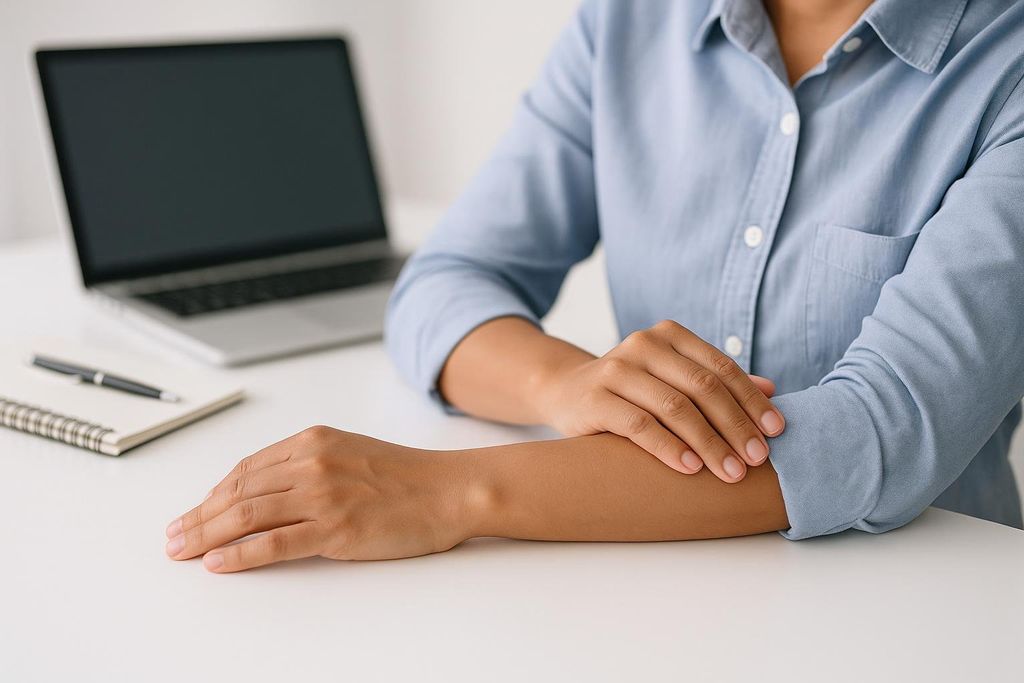 A desk worker in a light blue shirt is massaging their forearm with their other hand, likely due to fatigue or pain from working at a desk. A laptop, pen, and notebook are blurred in the background.