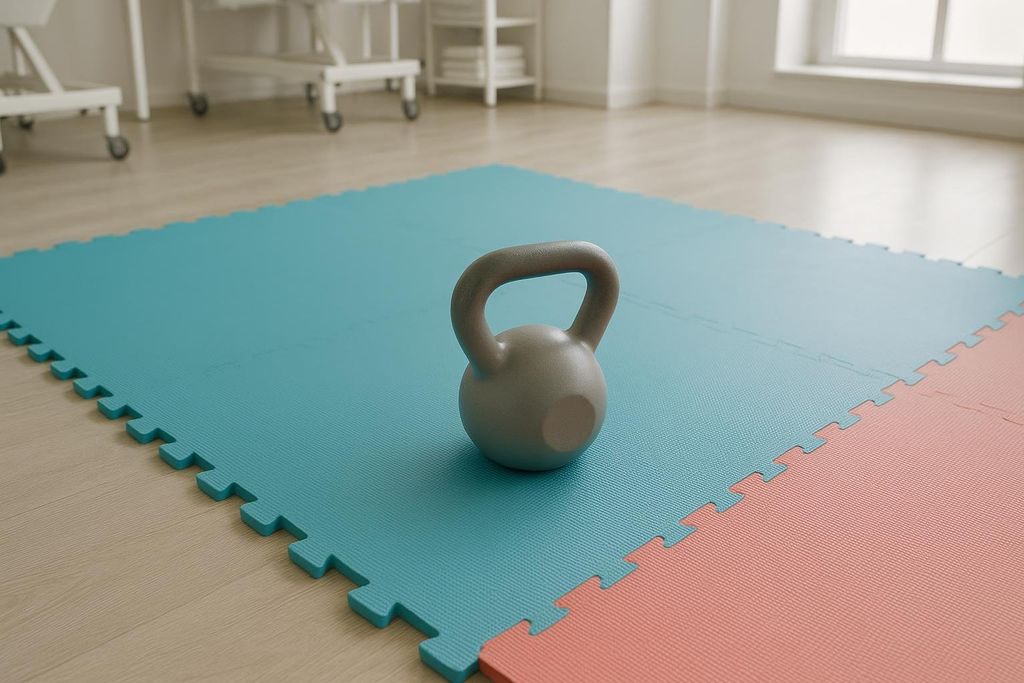 A light gray kettlebell sits on a blue and pink interlocking foam exercise mat, likely for rehabilitation exercises.