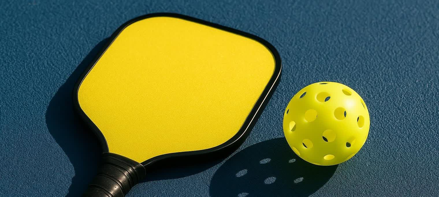A vibrant yellow pickleball paddle and a matching yellow pickleball, with holes, resting on a textured blue court surface. The objects cast long shadows, suggesting bright sunlight.