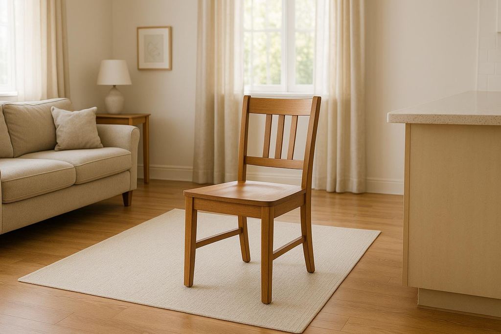 A simple wooden dining chair with a slatted back sits on a light-colored rug in a room with light hardwood floors. In the background, there's a beige sofa, a window with sheer curtains, and a kitchen counter.