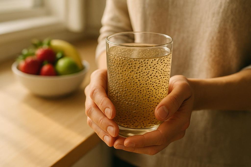 A person holds a glass filled with water and chia seeds, which have swollen and formed a gel-like texture. A bowl of fresh fruit, including strawberries, bananas, and a lime, is blurred in the background.