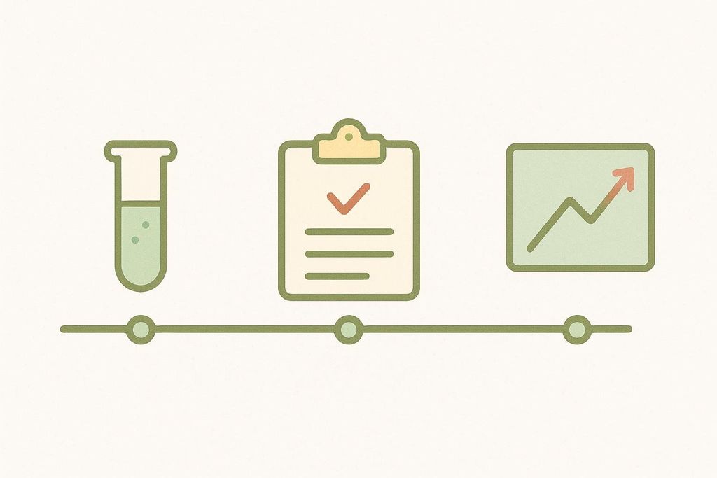 An illustration depicting a timeline for health tracking, showing a test tube for testing, a clipboard with a checklist for re-testing, and a graph with an upward trend for tracking progress.
