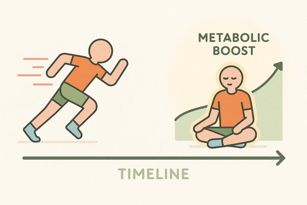 An infographic illustrating the HIIT afterburn effect, showing a figure sprinting on the left and then resting with a 'metabolic boost' represented by an upward trending graph on the right. A timeline runs horizontally below both figures, indicating the progression from active exercise to resting with elevated metabolism.