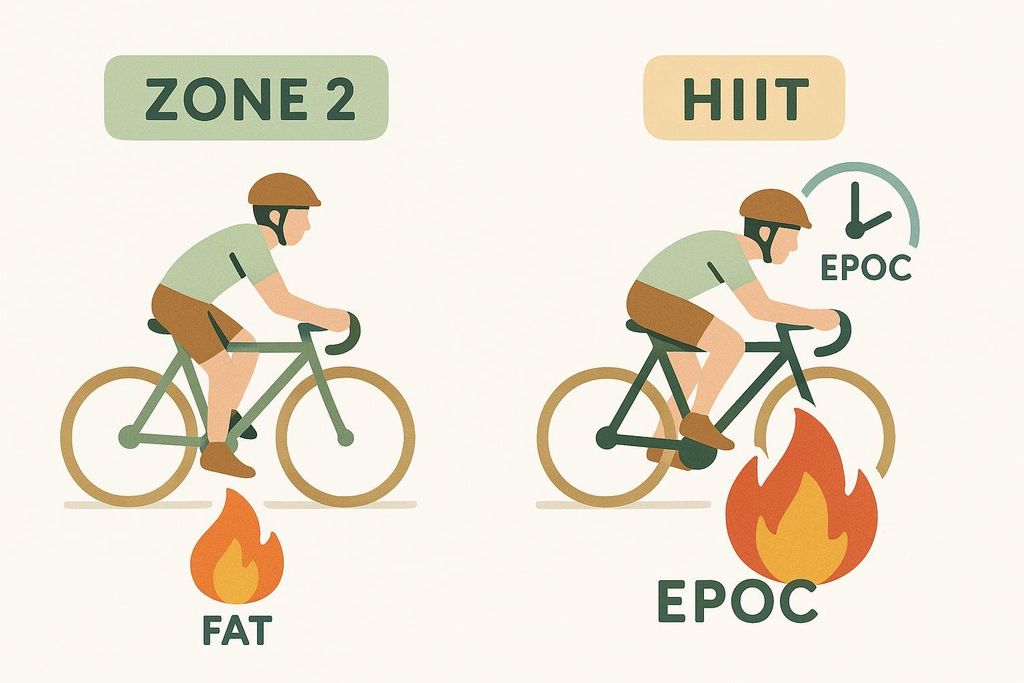 A clear diagram comparing Zone 2 cycling, illustrated with a cyclist and a 'FAT' flame, implying continuous fat burning during the workout, to HIIT cycling, depicted by a cyclist with a larger 'EPOC' flame and a clock icon, signifying a significant 'after-burn' effect and EPOC.