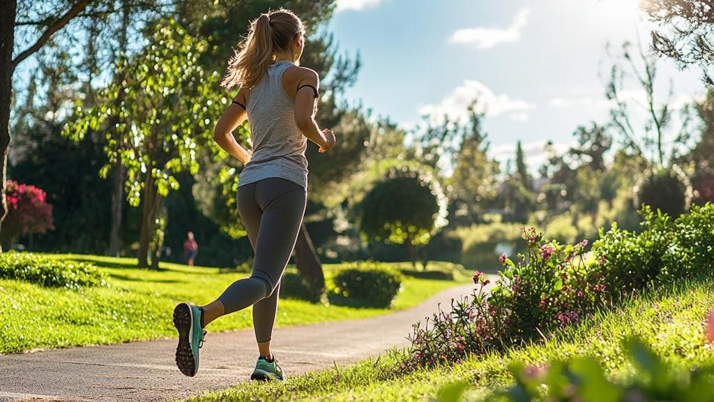 A woman in workout clothes jogs on a path through a sunny park.