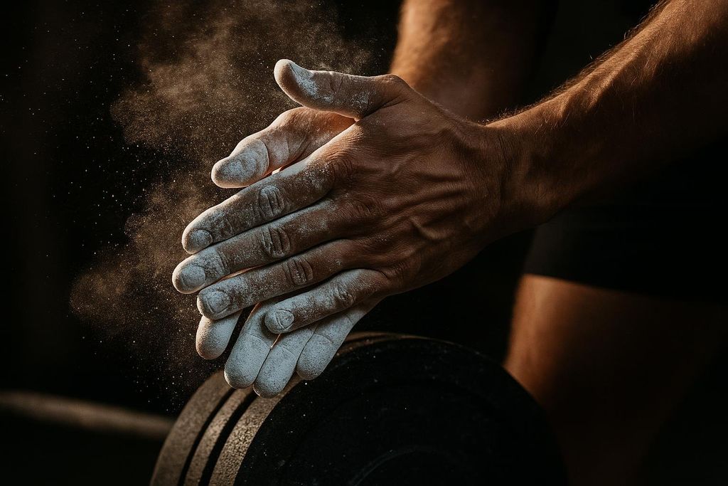 Close-up of a person's hands, heavily coated in white lifting chalk, clasped together with dust particles visibly rising. Below them is the black, textured surface of a weight plate, suggesting preparation for heavy lifting.