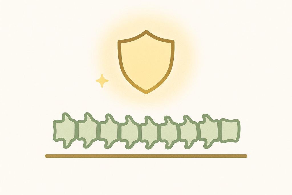 A minimalist graphic depicting a healthy, unbent human spine resting horizontally on a line, with a glowing golden shield floating above it, symbolizing protection or good health.