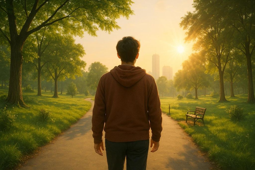 A person walks away from the viewer on a paved path through a green park at sunrise. Tall trees line the path, and buildings are visible in the distance under the bright sun.