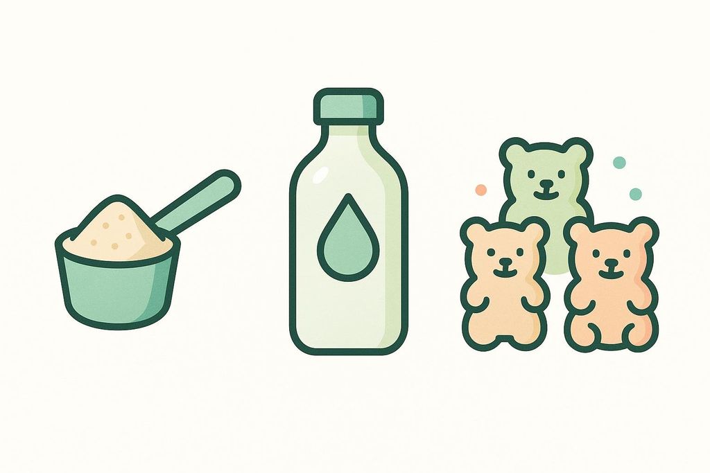 Icons representing three different forms of collagen supplements: a scoop of powder, a bottle of liquid with a droplet, and three bear-shaped gummies.