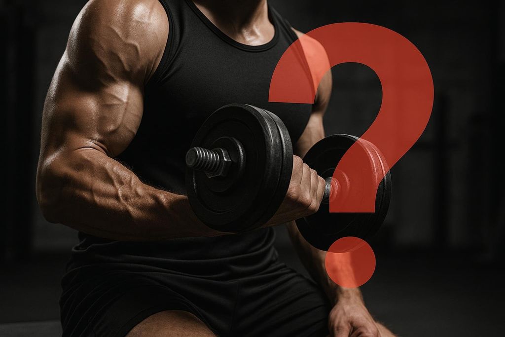 A muscular athlete's arm holding a dumbbell, with a large translucent red question mark overlaid on the image to symbolize the risks of unapproved performance peptides.