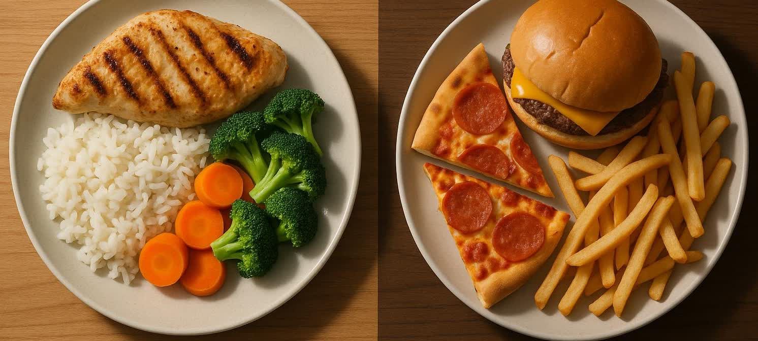A split image showing two plates of food side by side. On the left is a healthy meal consisting of grilled chicken breast, white rice, broccoli, and sliced carrots. On the right is a plate of high-calorie junk food with a cheeseburger, french fries, and two slices of pepperoni pizza.