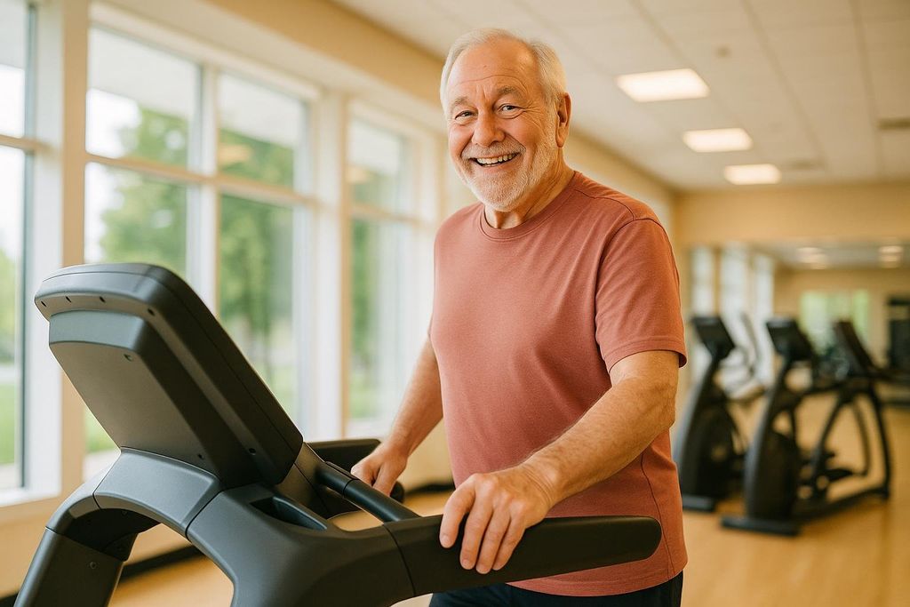 A happy senior man with a white beard smiles at the camera while walking on a treadmill in a bright gym with large windows.