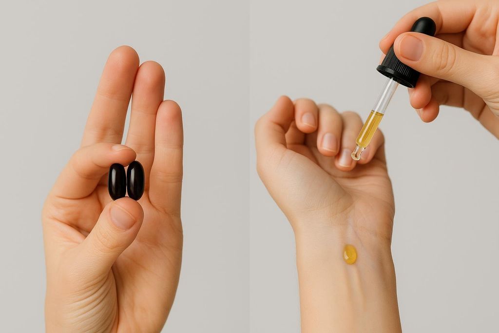 A split image shows two hands demonstrating black seed oil use: one holding two black capsules, and the other with a dropper applying a drop of yellow oil onto the wrist.