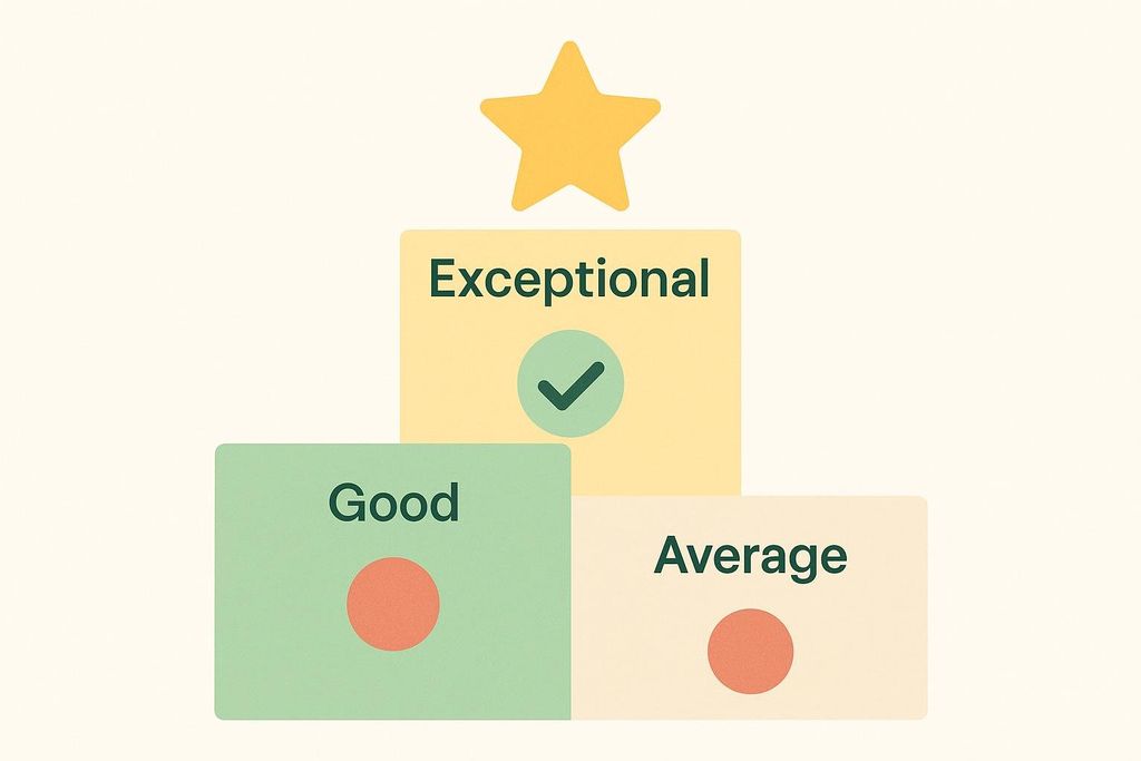 A podium diagram illustrates three performance tiers: Exceptional (top, with a star and checkmark), Good (middle-left, with a red circle), and Average (middle-right, with a red circle).