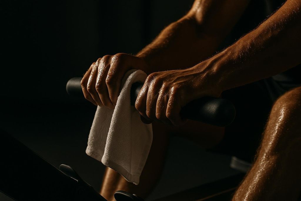 Close-up of a person's sweaty hands gripping the handles of a rowing machine, with a white towel draped over one hand, indicating a strenuous workout.